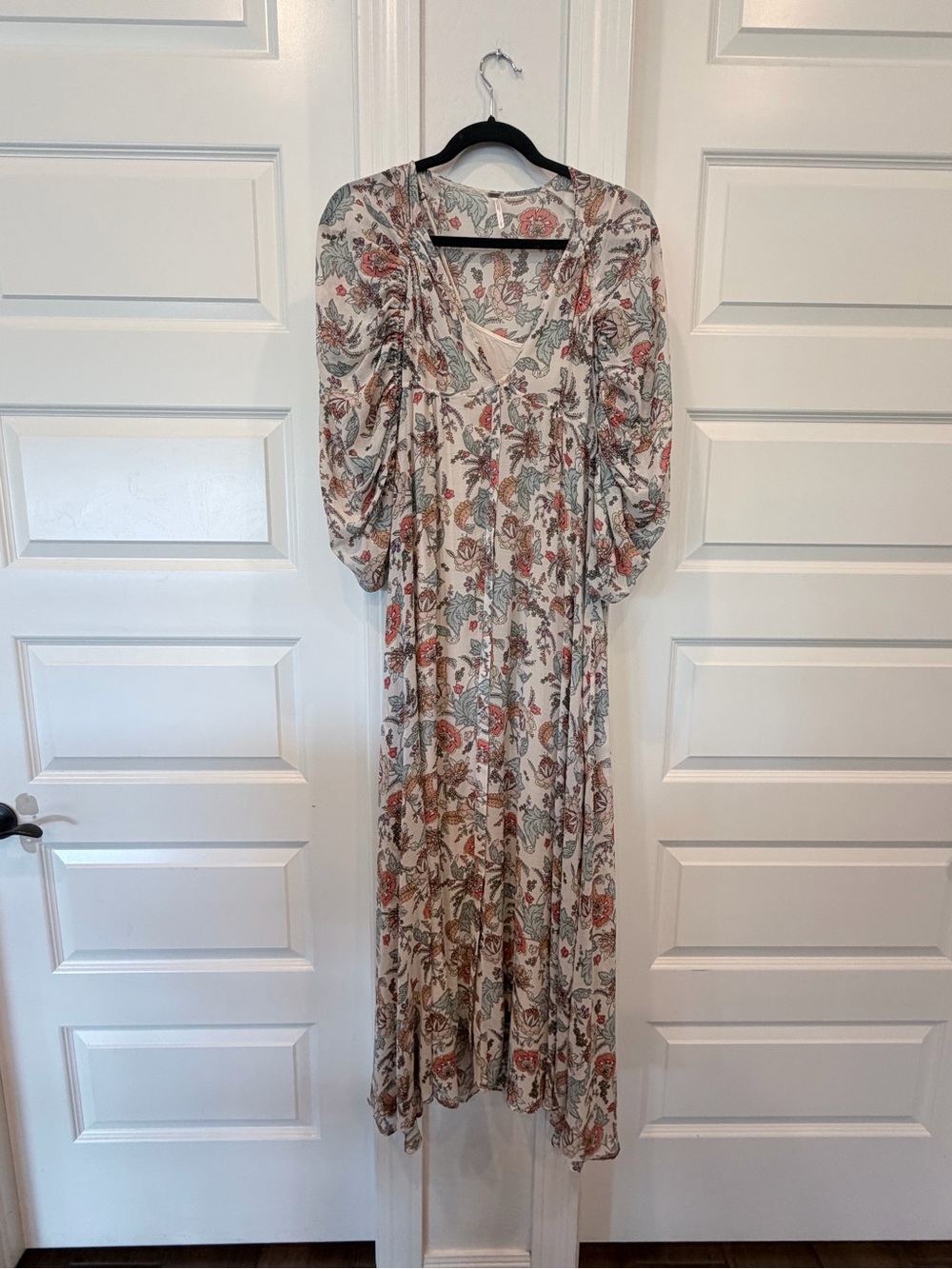 Free People Cream Floral Maxi Dress with Puff Sleeves
